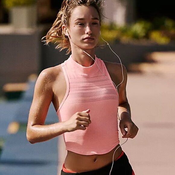 NWT Free People Movement Happiness Runs Mock Neck Sheer Lines Coral Tank - Picture 5 of 5